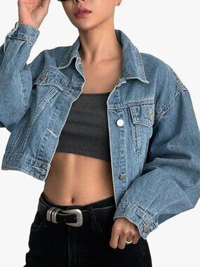 Women Cropped Denim Jacket Oversized Long Sleeve Button Down Jean Jackets Outfit